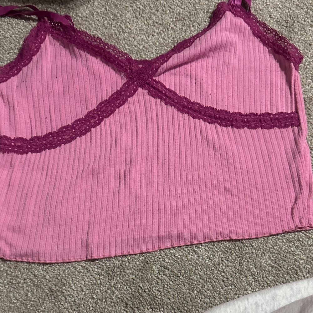 Edikted Pink Ribbed Top with Purple Lace